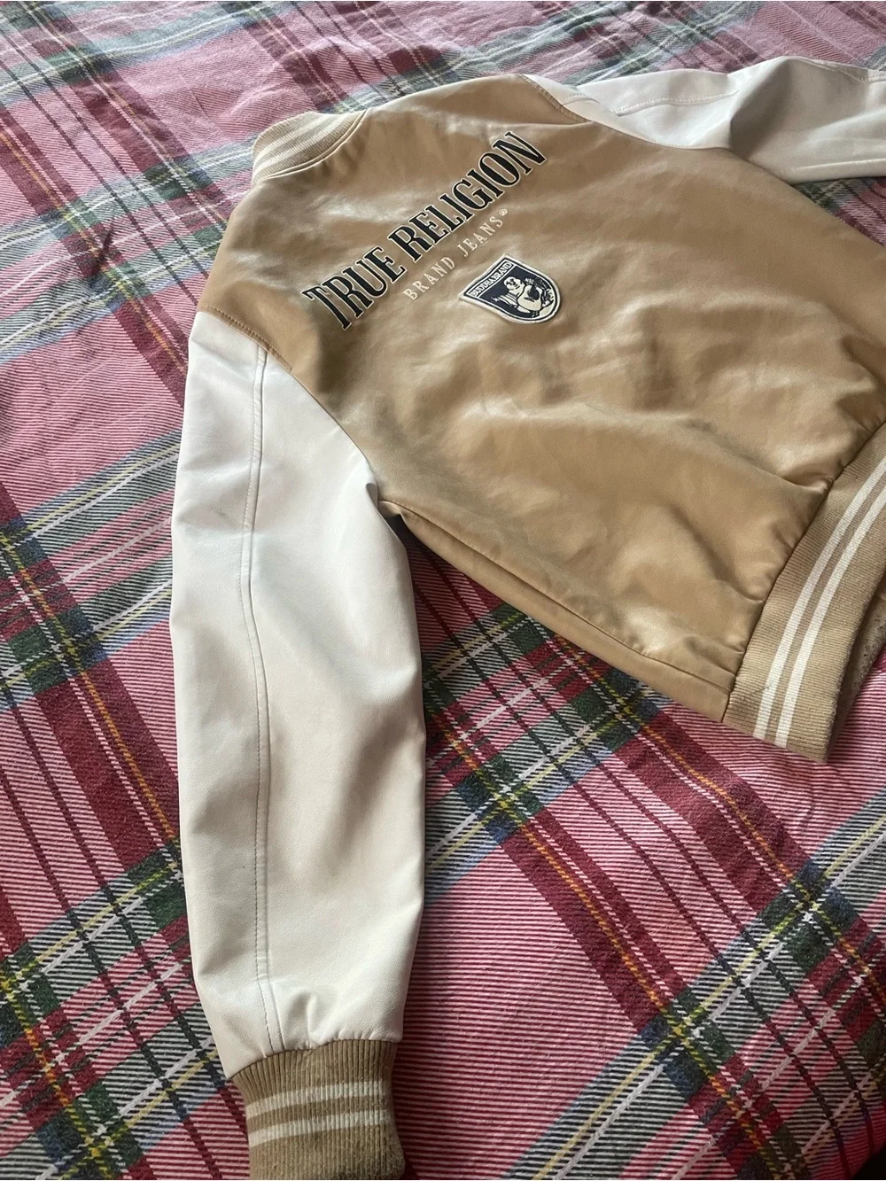 True Religion Tan and White Varsity Jacket